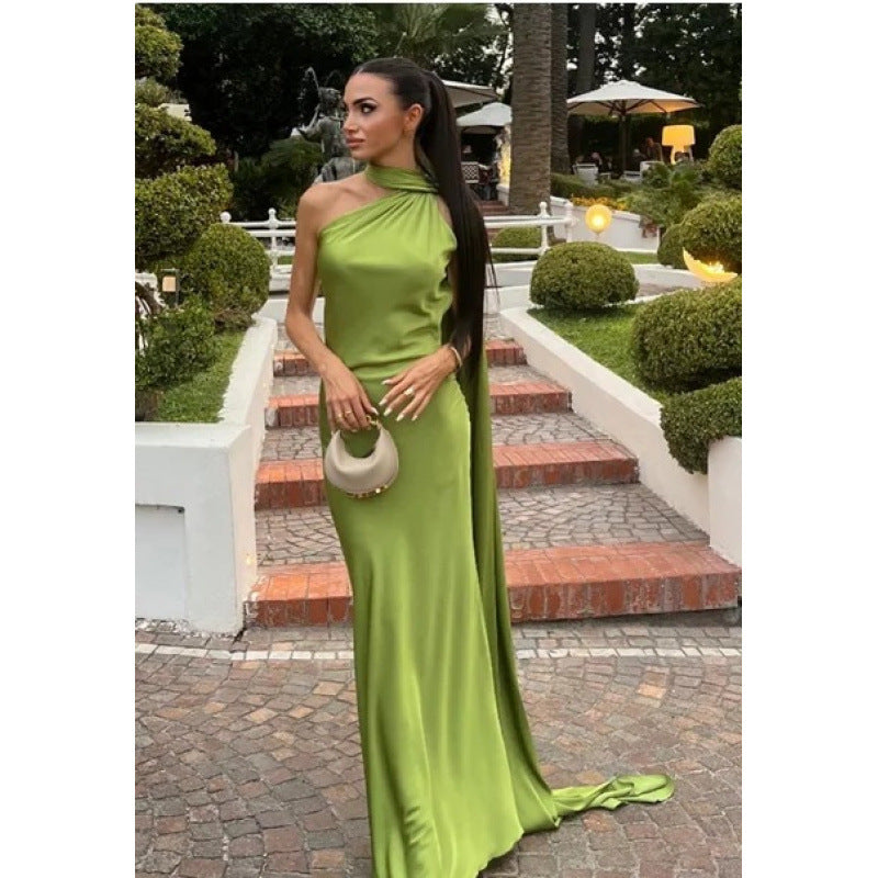 Women's Silk Satin Texture Ribbon Halter Dress