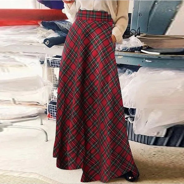 Women's Loose Slimming Plaid Long Fashionable A- Line Skirt