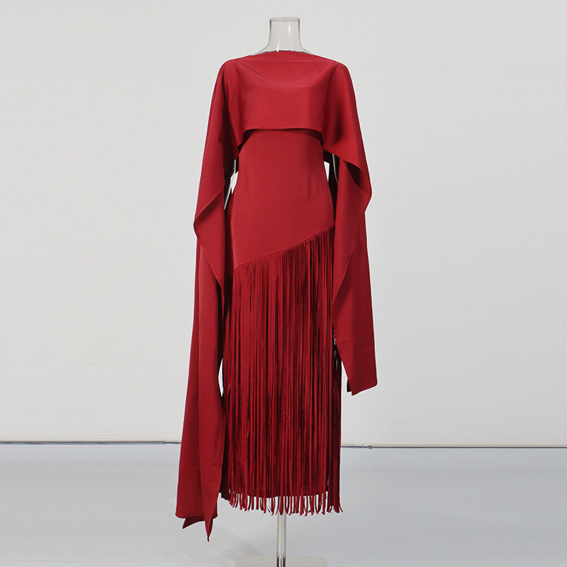 Women's Fashion Solid Color Shawl Design Sense Tassel Dress