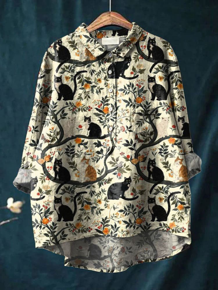 Women's Long-sleeved Personality Printing Lapel Comfortable Long Sleeve Half Button Blouse