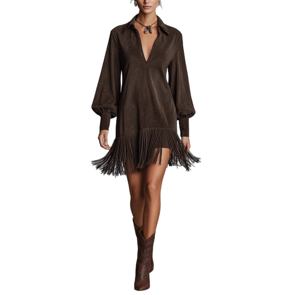 Women's Western Denim Suede Fringed Hem Long-sleeved Dress
