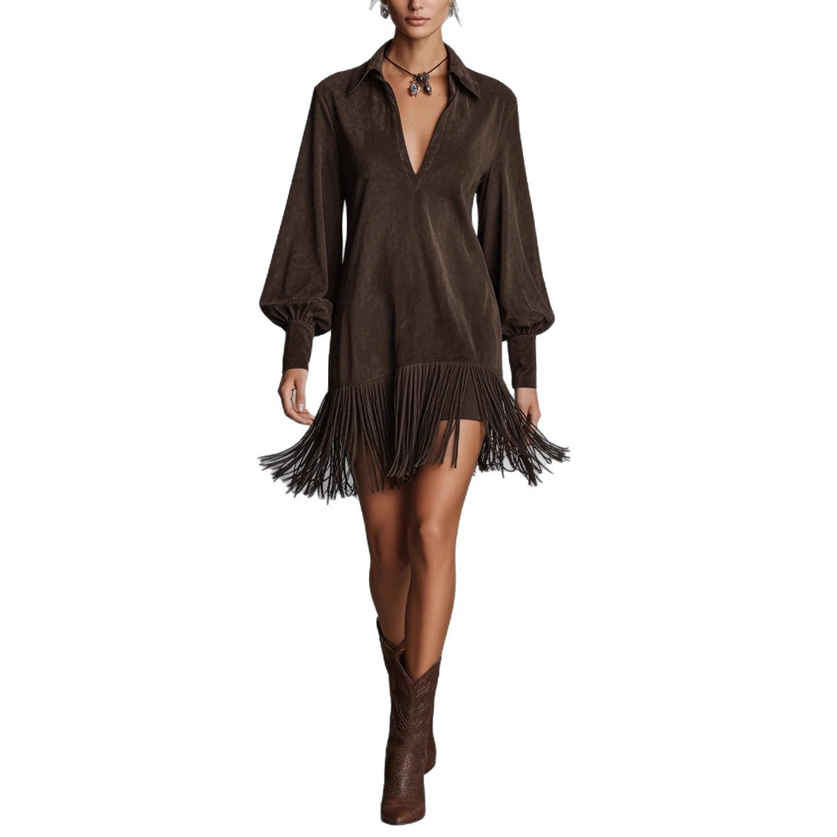 Women's Western Denim Suede Fringed Hem Long-sleeved Dress