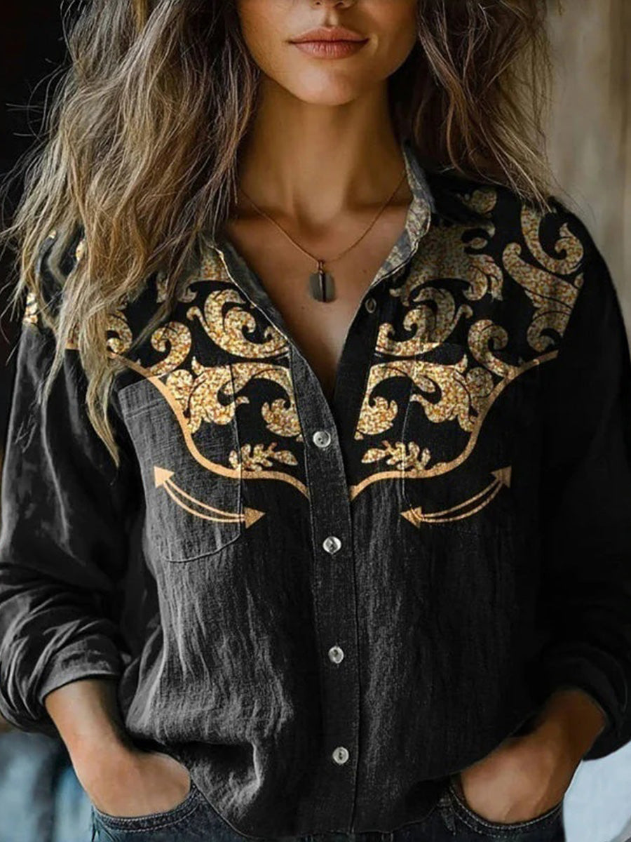 Women's Digital Printing Fashion Lapels Long Sleeve Blouse