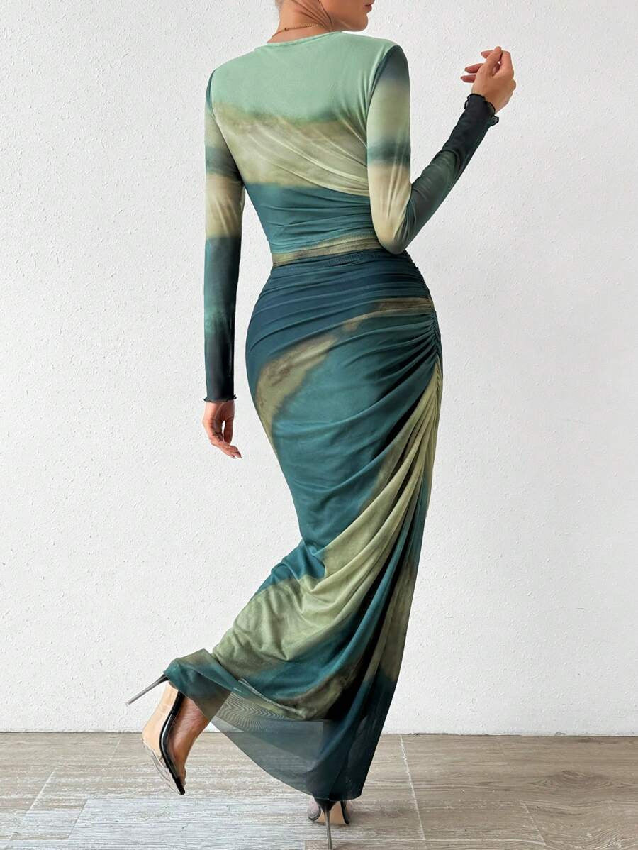Fashion Mesh Printed Pleated Sexy Tight Round Dress