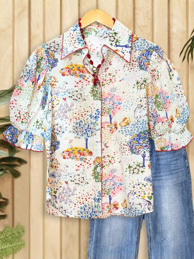 Women's Summer Artistic Vintage Small Floral Half Sleeve Shirt Dog Teeth Tops