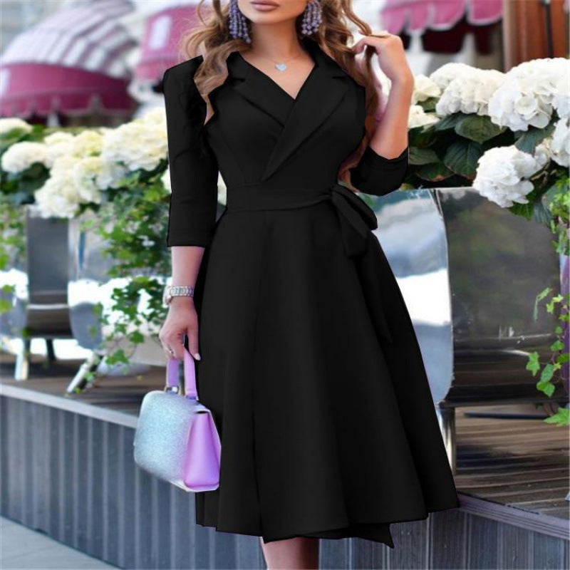 Autumn Three-quarter Sleeve Fashion Tie Waist Trimming Dress