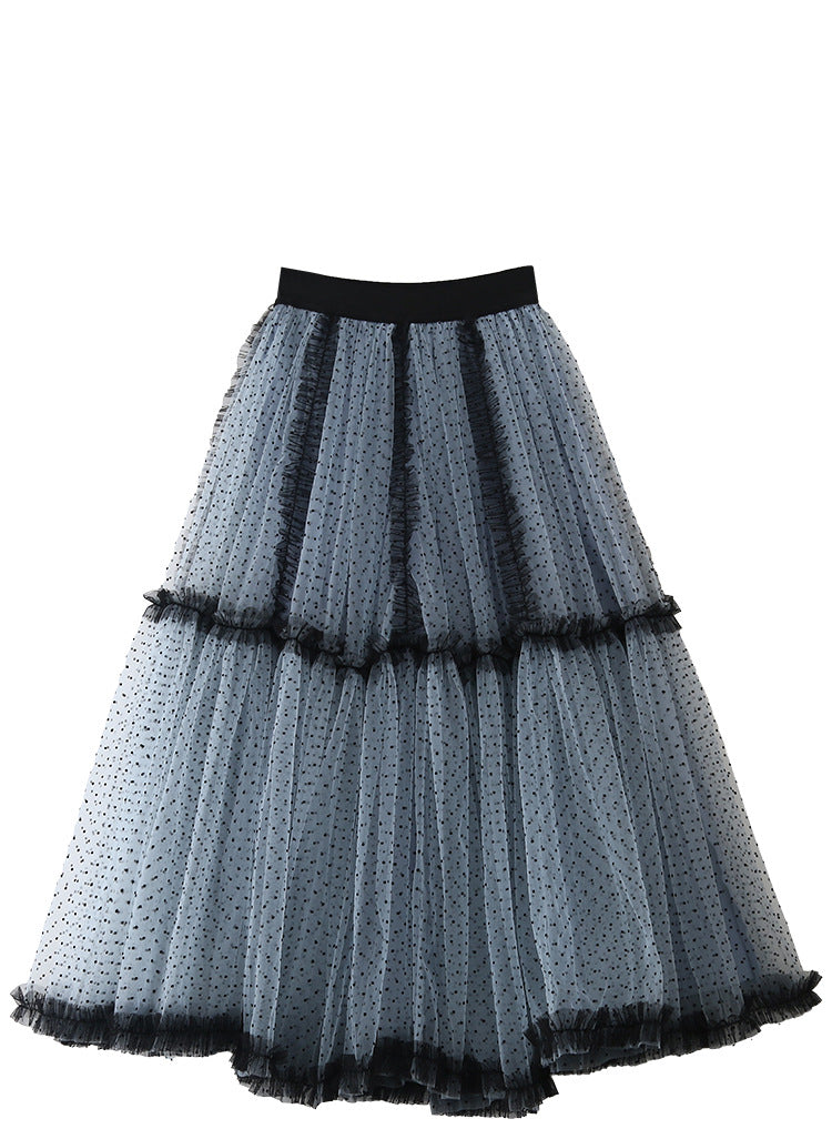 French Style Mesh Pink Polka Dot A- Line Dress Skirts