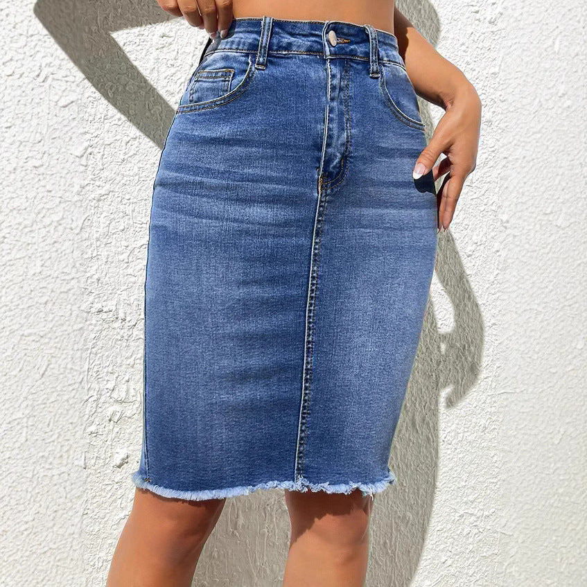 Stretch High Waist Frayed Denim Package Skirt