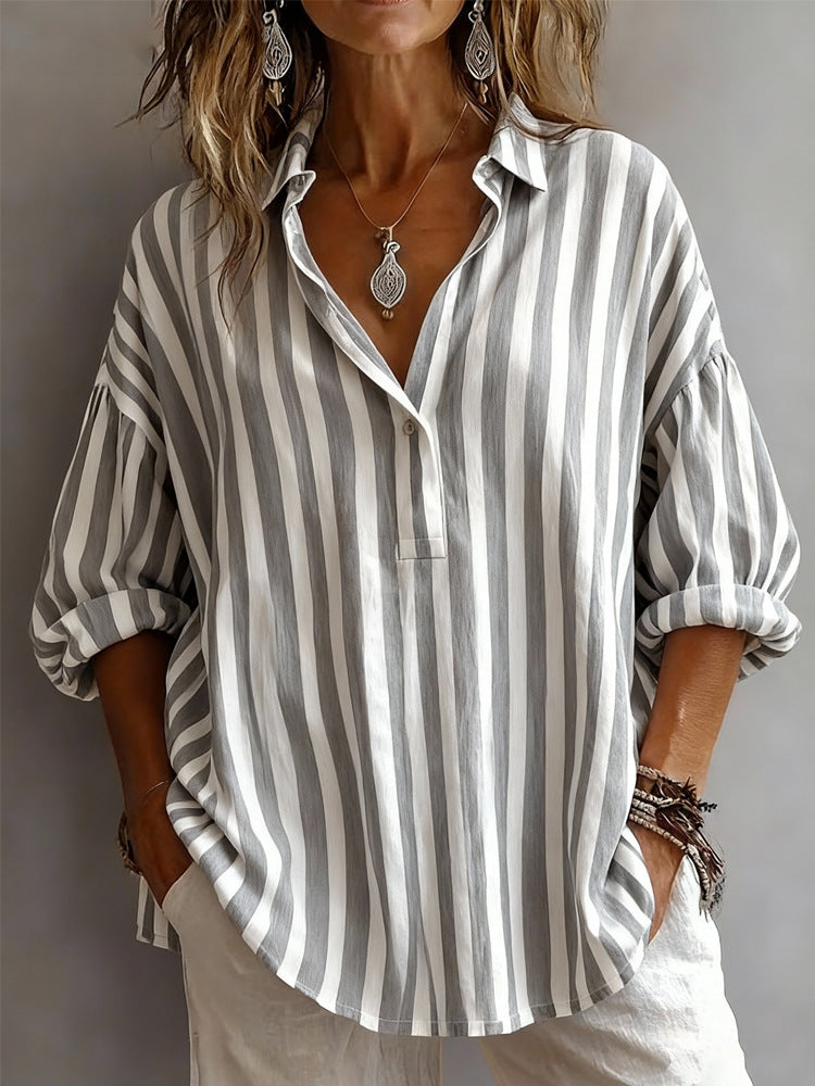 Women's Spring Shirt Collar Long Sleeve Pullover Stripe Blouse