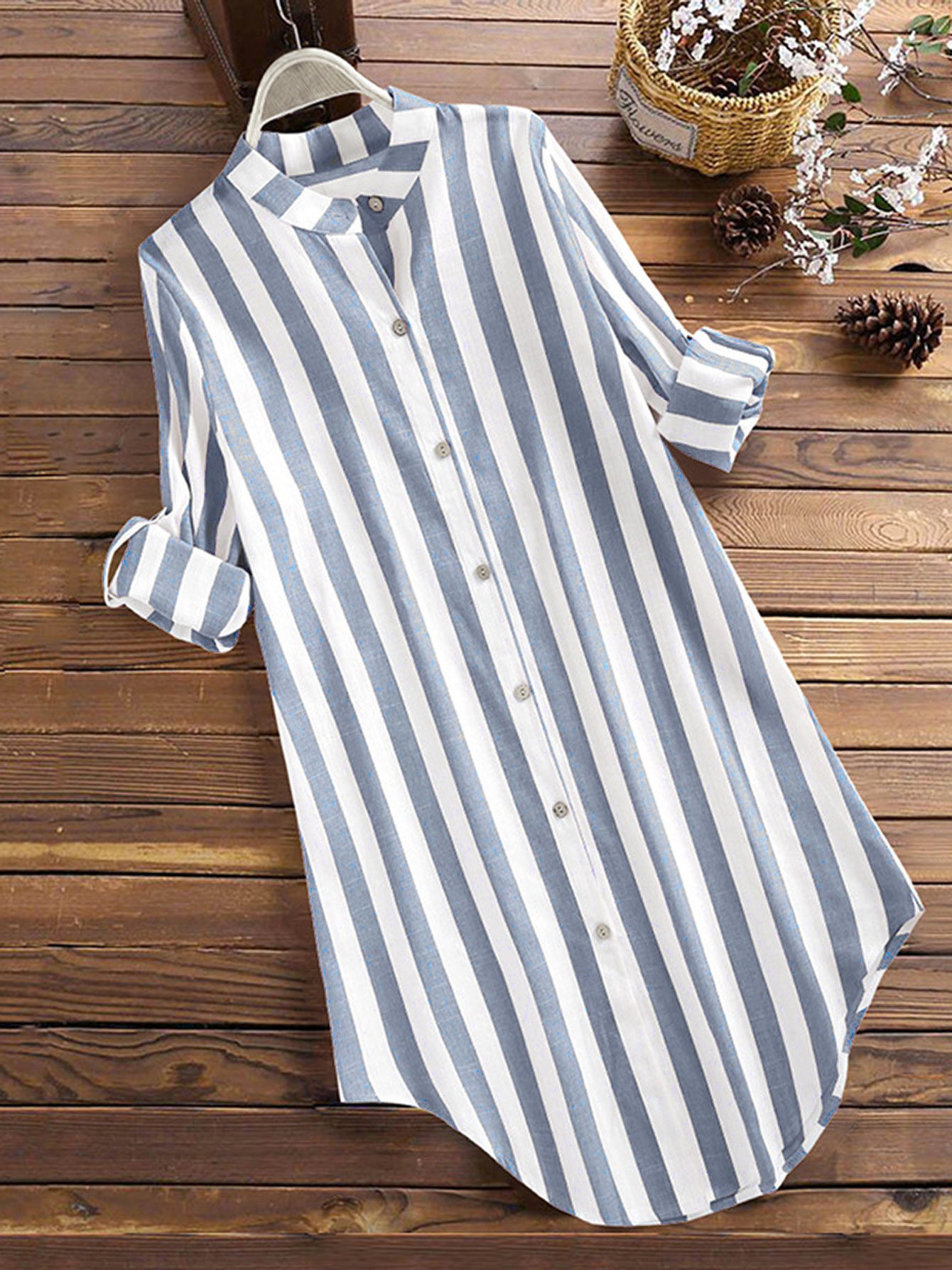 Women's Mid-length Casual Striped Shirt Long Sleeve Plus Size