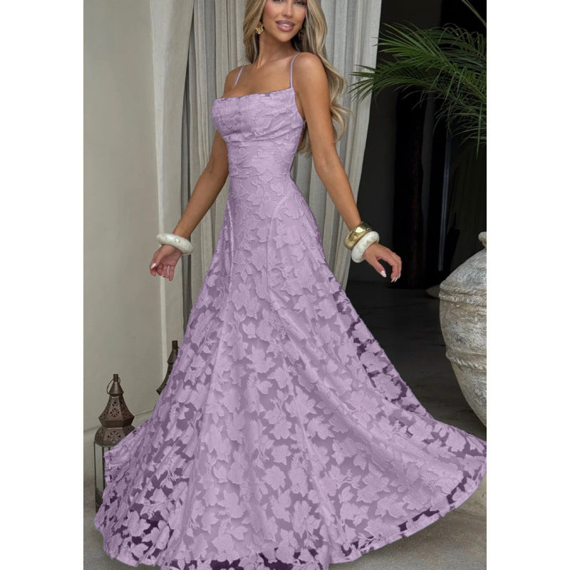 Women's Elegant Lace Sexy Backless Spaghetti Straps Dress