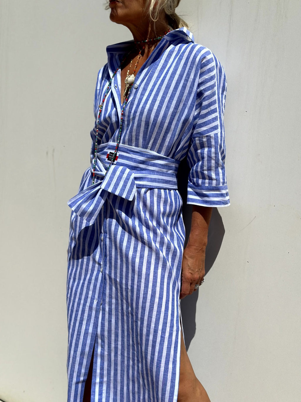 Women's Half Sleeve Striped Lapel Shirt Dress Blouse