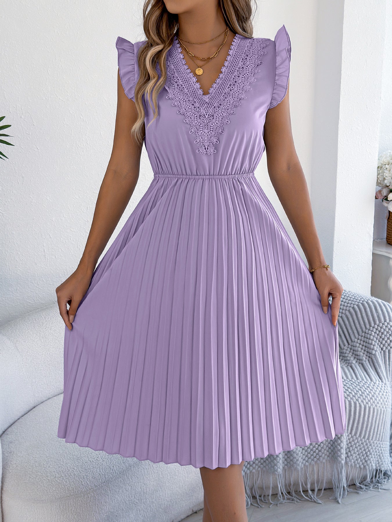 Women's Casual Lace Ruffled Cinched Pleated Dress