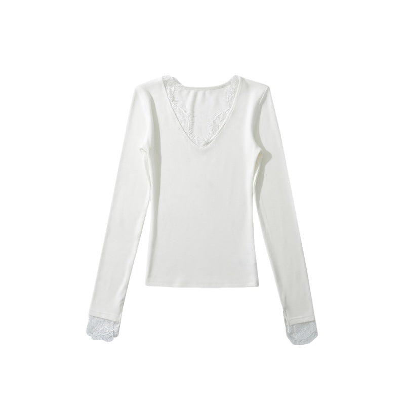 Women's Hot Lace Stitching Long-sleeved Bottoming Shirt Pure Desire Tight Solid Women's T-shirt