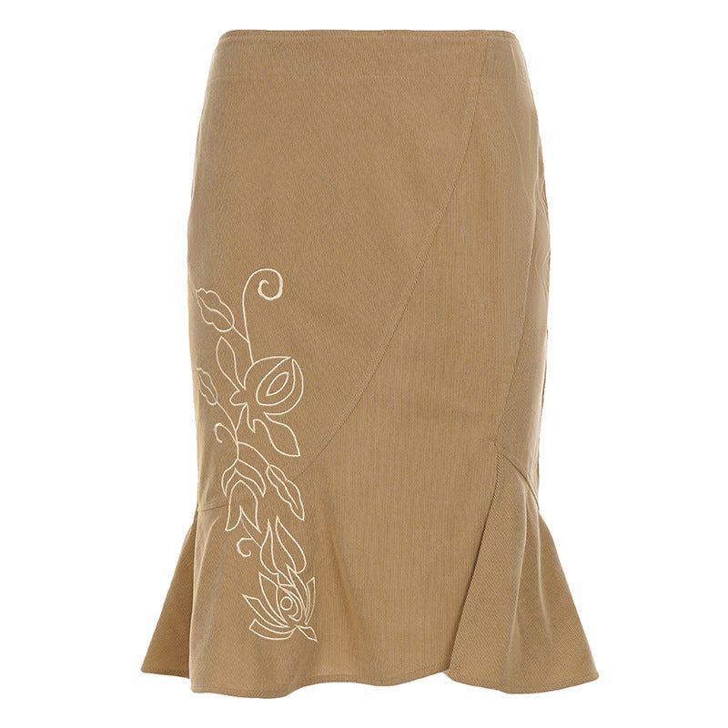 Women's Fashionable Retro Embroidered Elegant Straight Slim Slimming Solid Color Fishtail Skirt