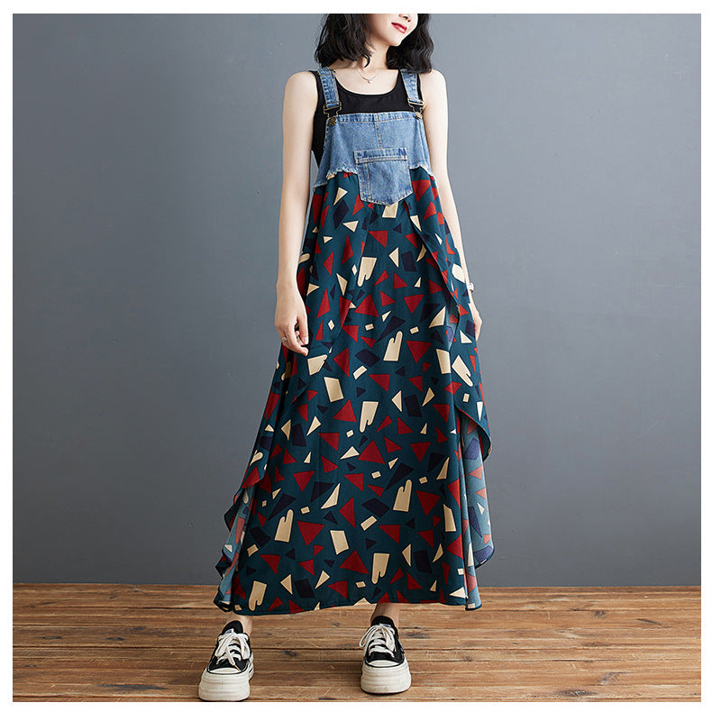Color Loose Denim Stitching Floral Strap Dress