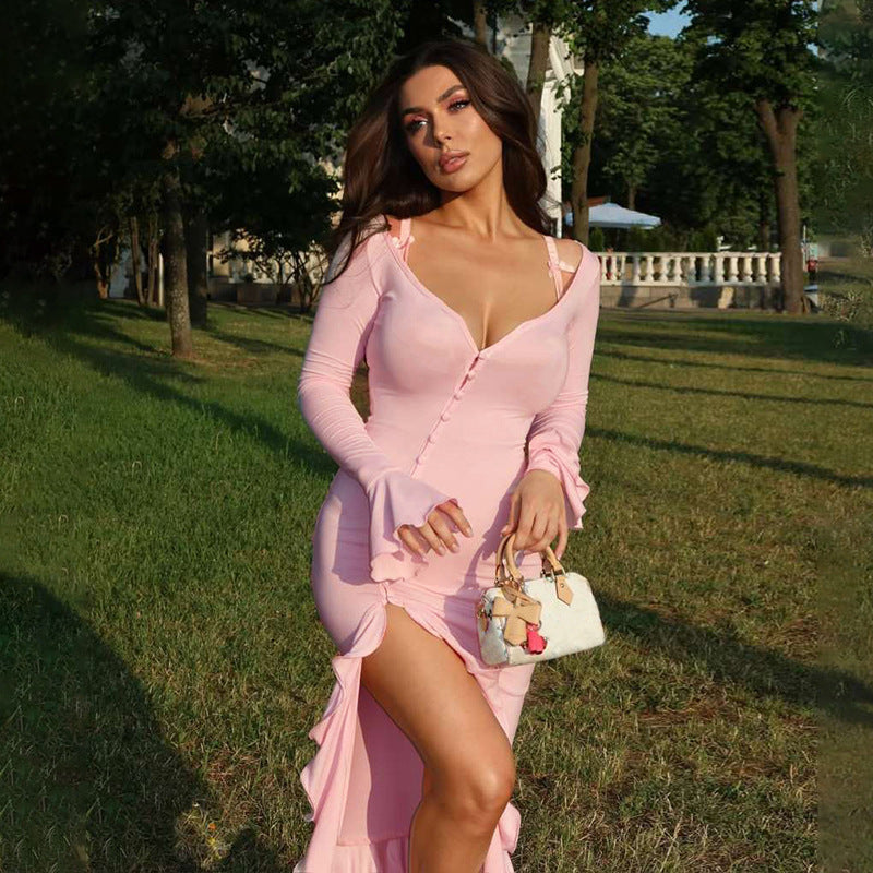 Women's Fashion Sexy Bell Sleeve Ruffled Slit Dress