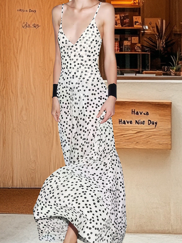 Fashion Suspenders Exposed Back Polka Dot Dress