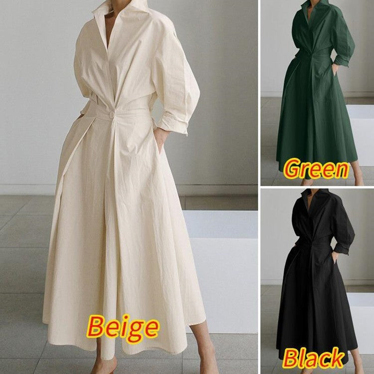 Commute Cotton Linen Solid Colored Lapel Collar Sleeve Elastic Waist Dress