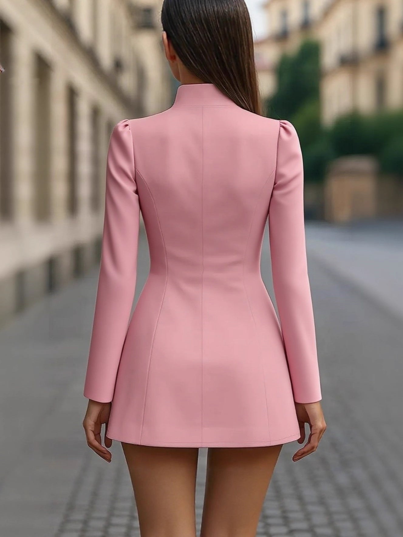 Women's Autumn Elegant Solid Color Sleeve Stand Collar Single-breasted Dress