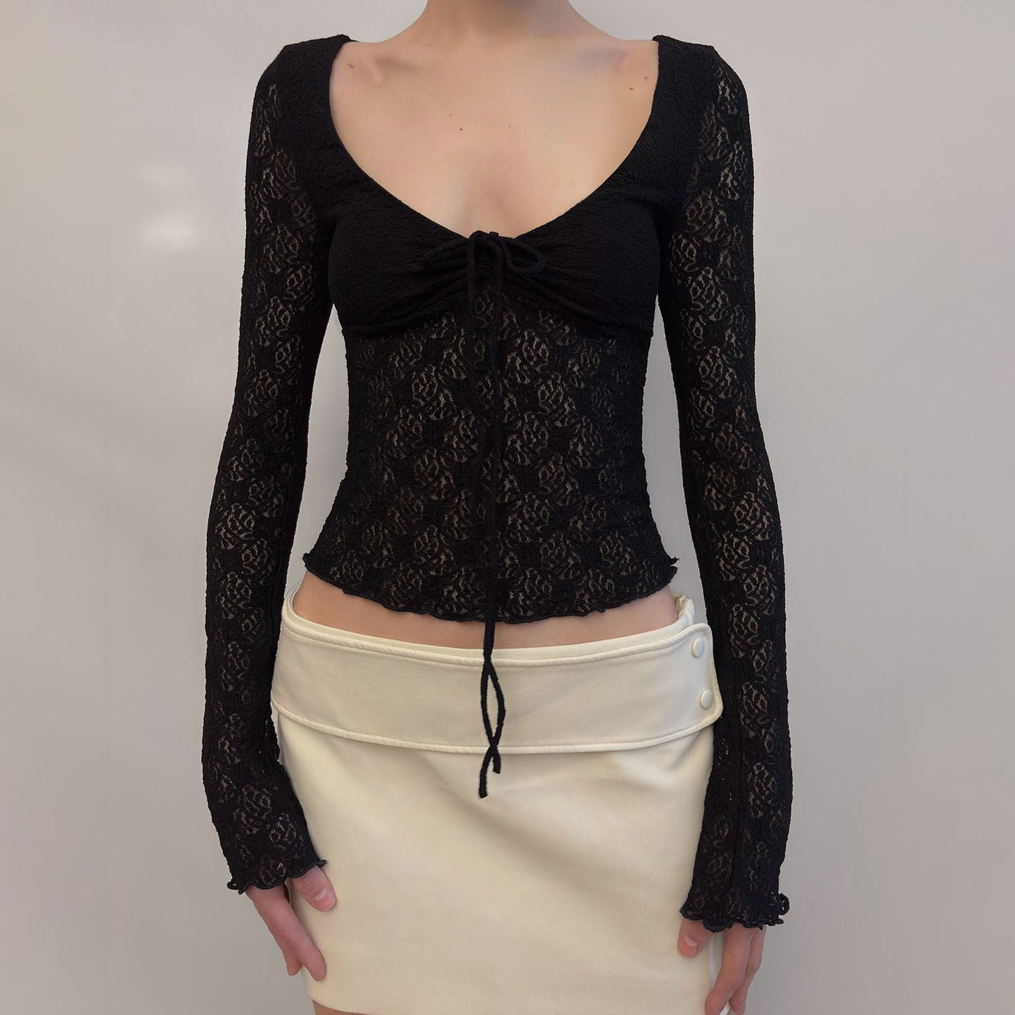 Women's Style Gentle Lace Patchwork Long Sleeve Slim Fit Show Thin Tops