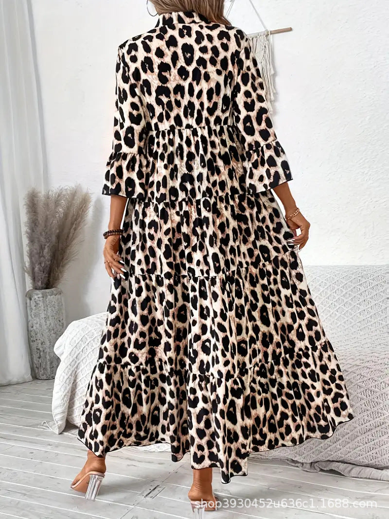 Women's Ladies Leopard Print Boho Mid-length Dress