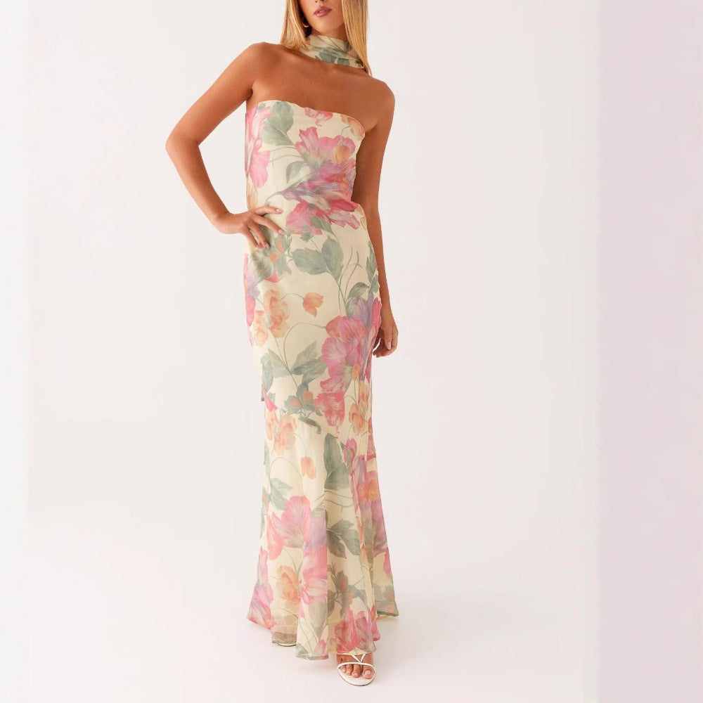 Graceful Satin Backless Tube Digital Printed Dress