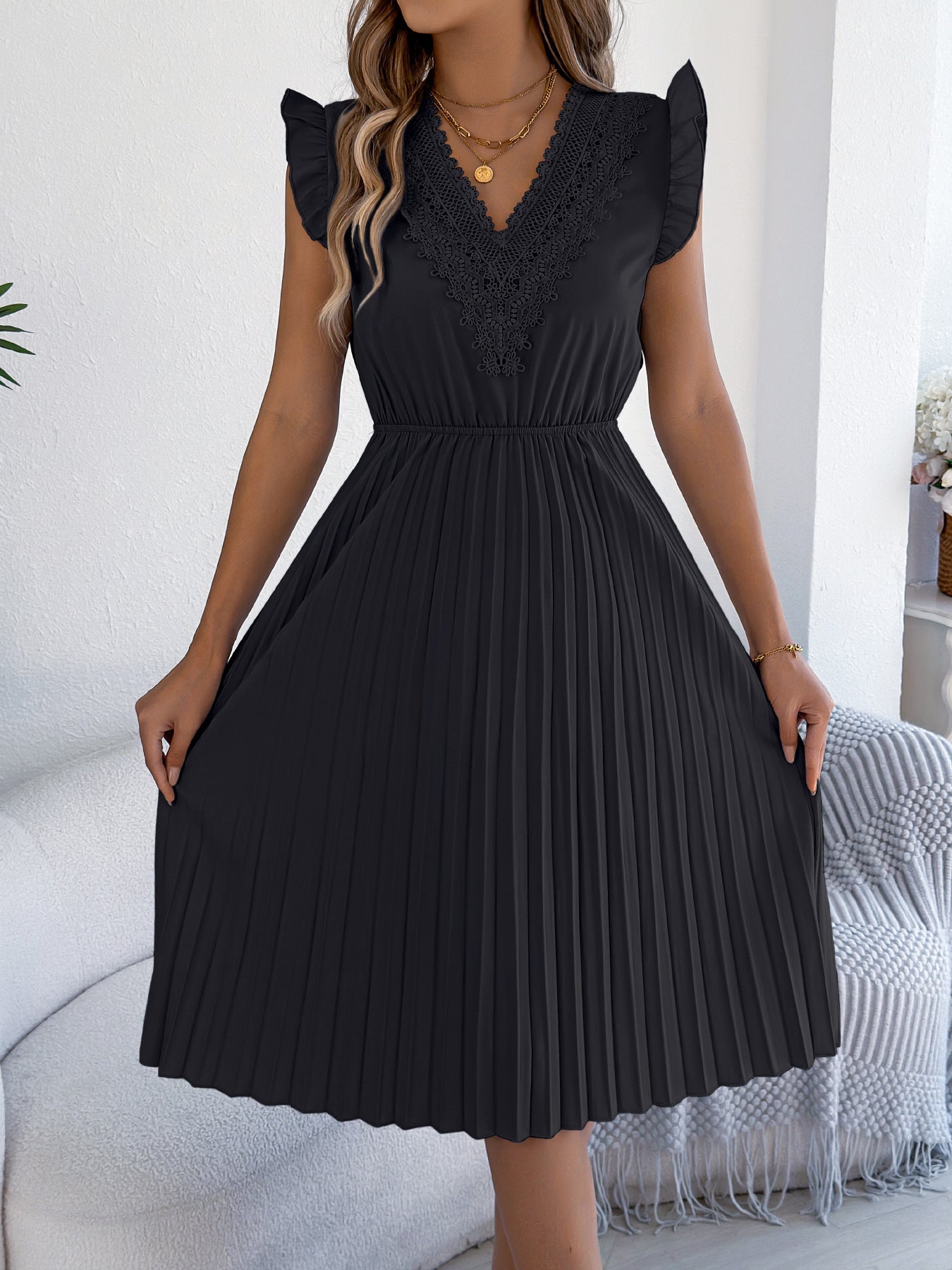Women's Casual Lace Ruffled Cinched Pleated Dress