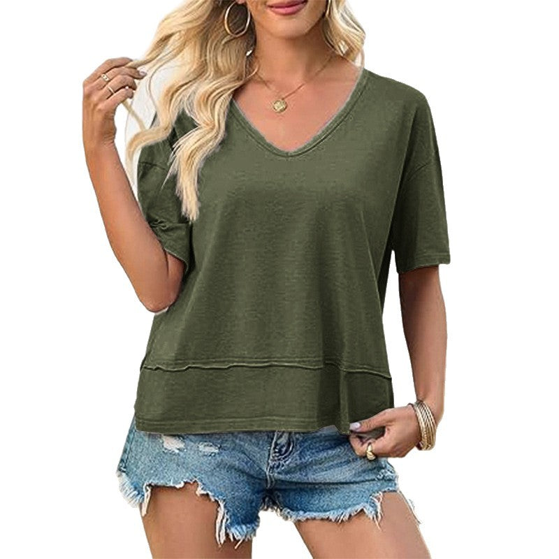 Women's Summer Fashion Wear Solid Color Stitching Women's T-shirt