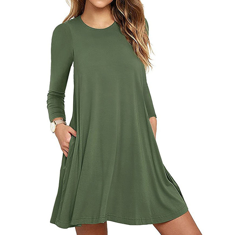 Women's Solid Color Long Sleeve Pocket Dress