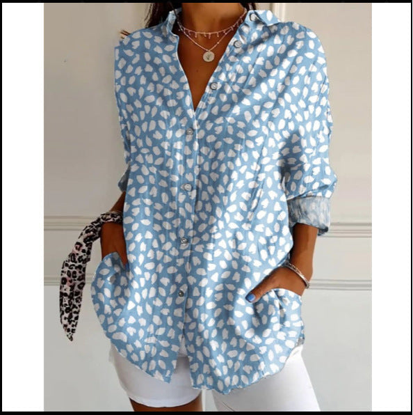 Women's Digital Printing Abstract Pattern Long Sleeve Buckle Blouse