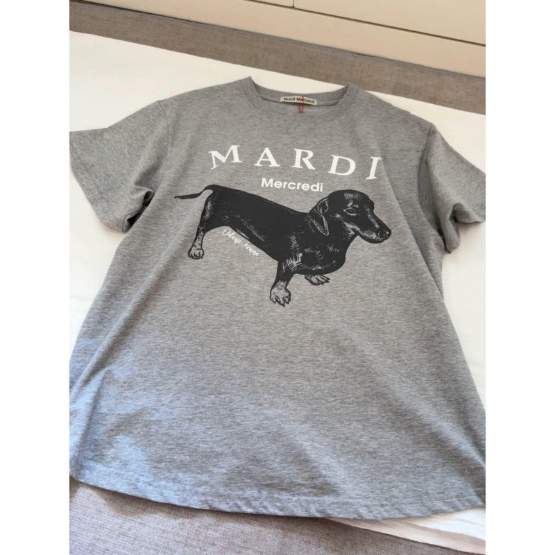 Sleeve Little Daisy Sausage Dog Printed Round Neck Pure Shorts