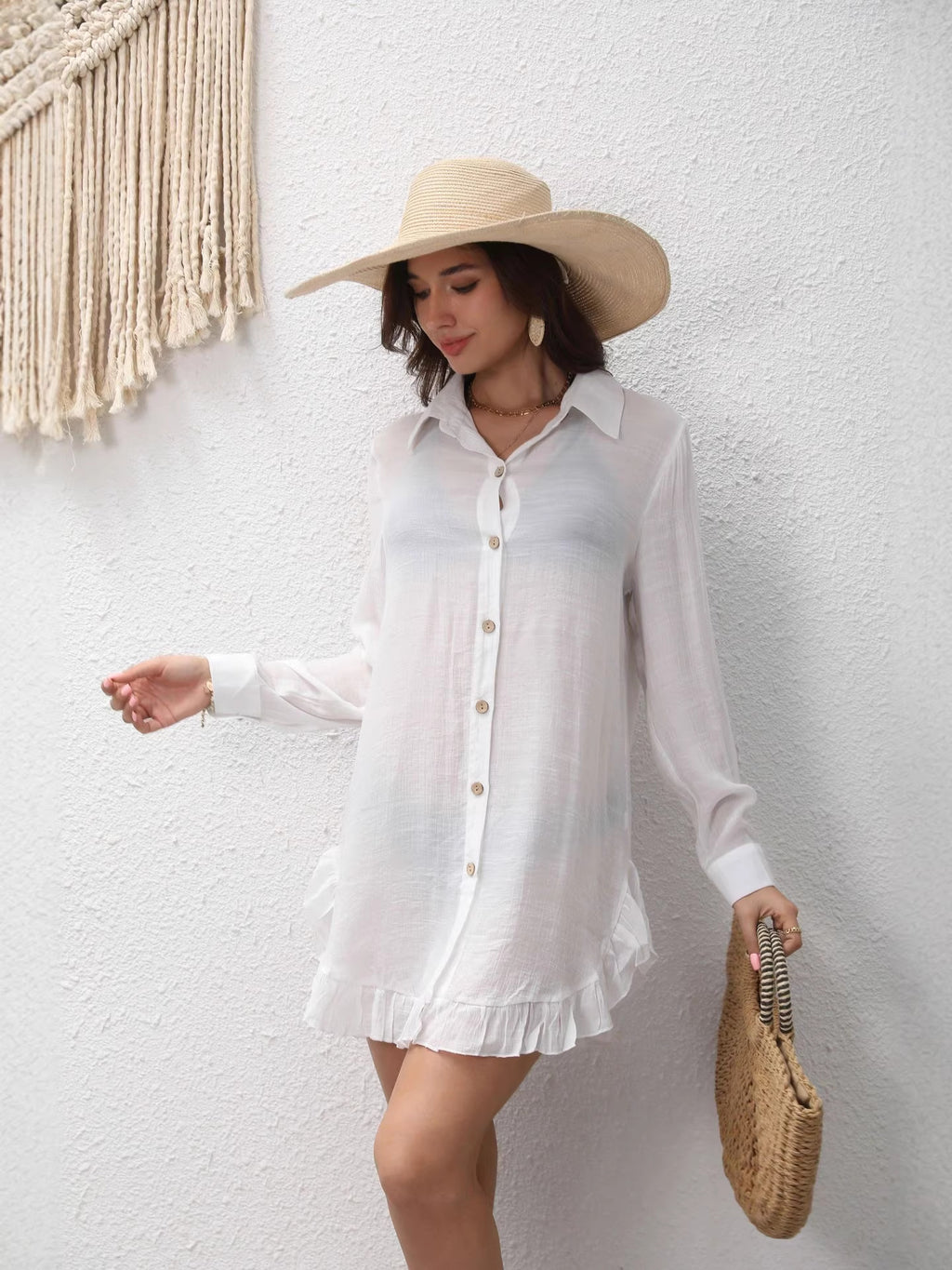 Women's Summer Slub Cotton Ruffle Vacation Style Beach Blouse