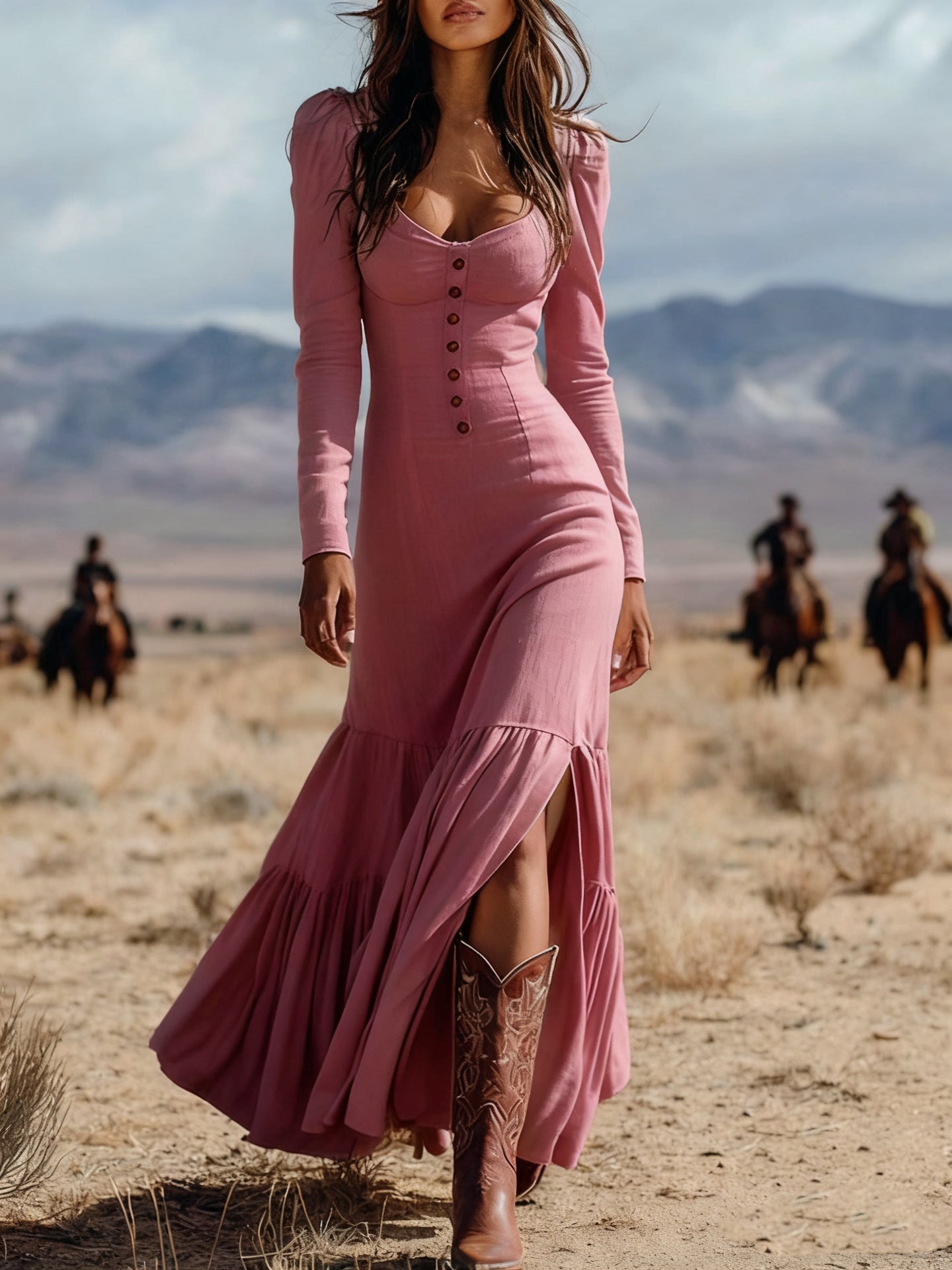 Vintage Western Style Button Pleated Long Dress