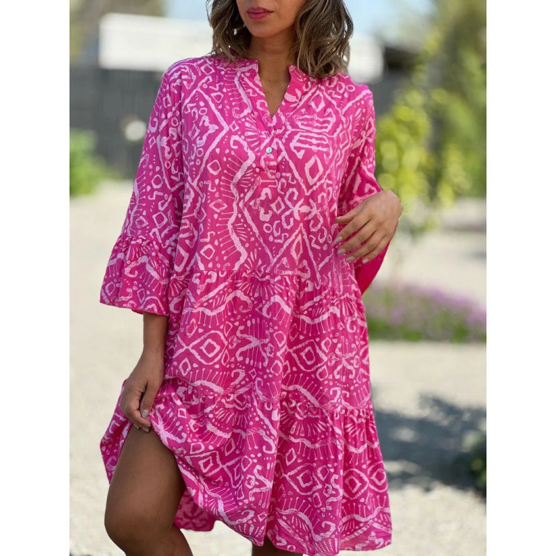 Women's Collar Bell Sleeve Cake Flowers Stitching Dress