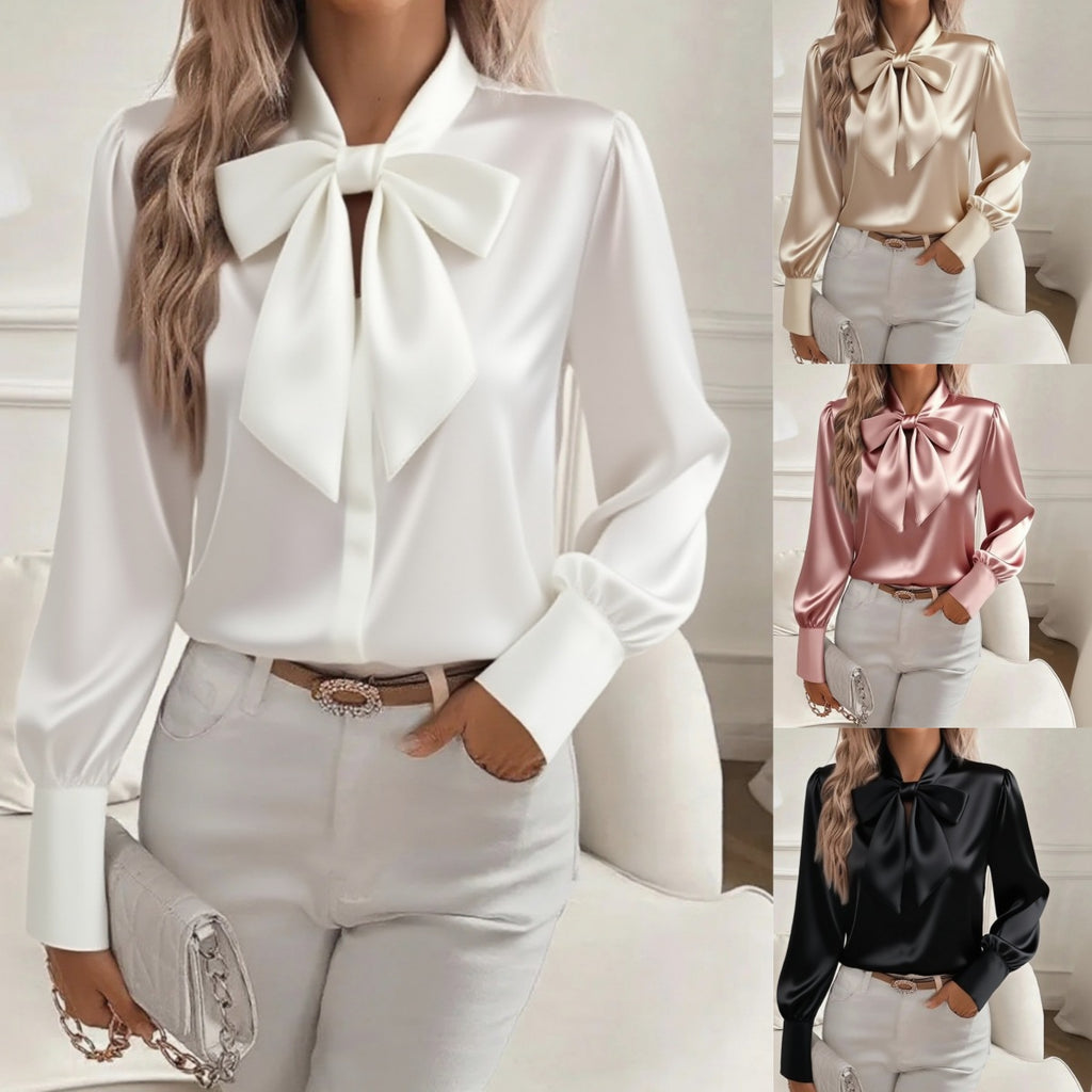 Women's Pure Color Casual Versatile Bow Satin Shirt Blouse