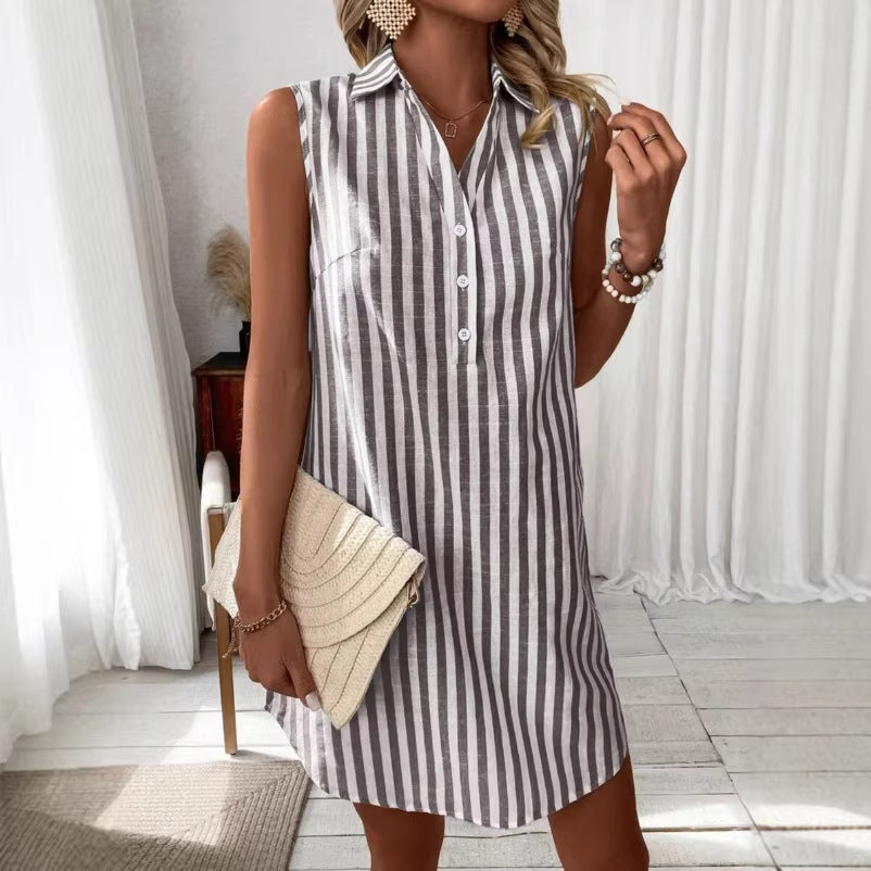 Women's Sleeveless Buttons Striped Shirt Fashion Loose Dress