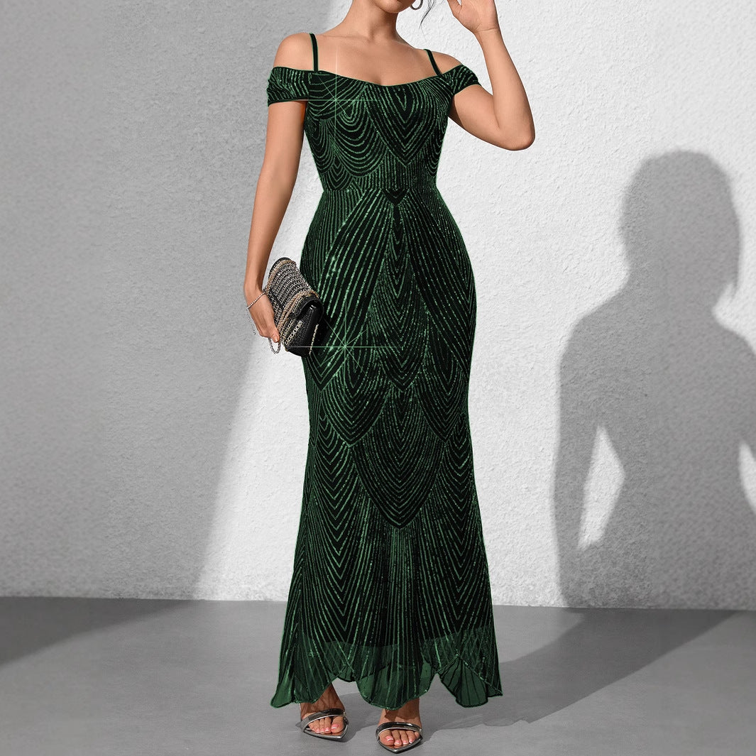 Women's Strapless Sexy Sequins Sling Long Fishtail Dress