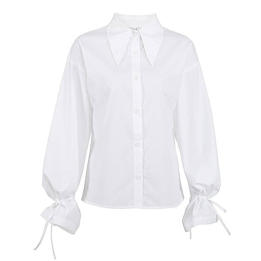 Women's Long-sleeved White Shirt Pointed Collar Temperament Commute Bow Design Blouse