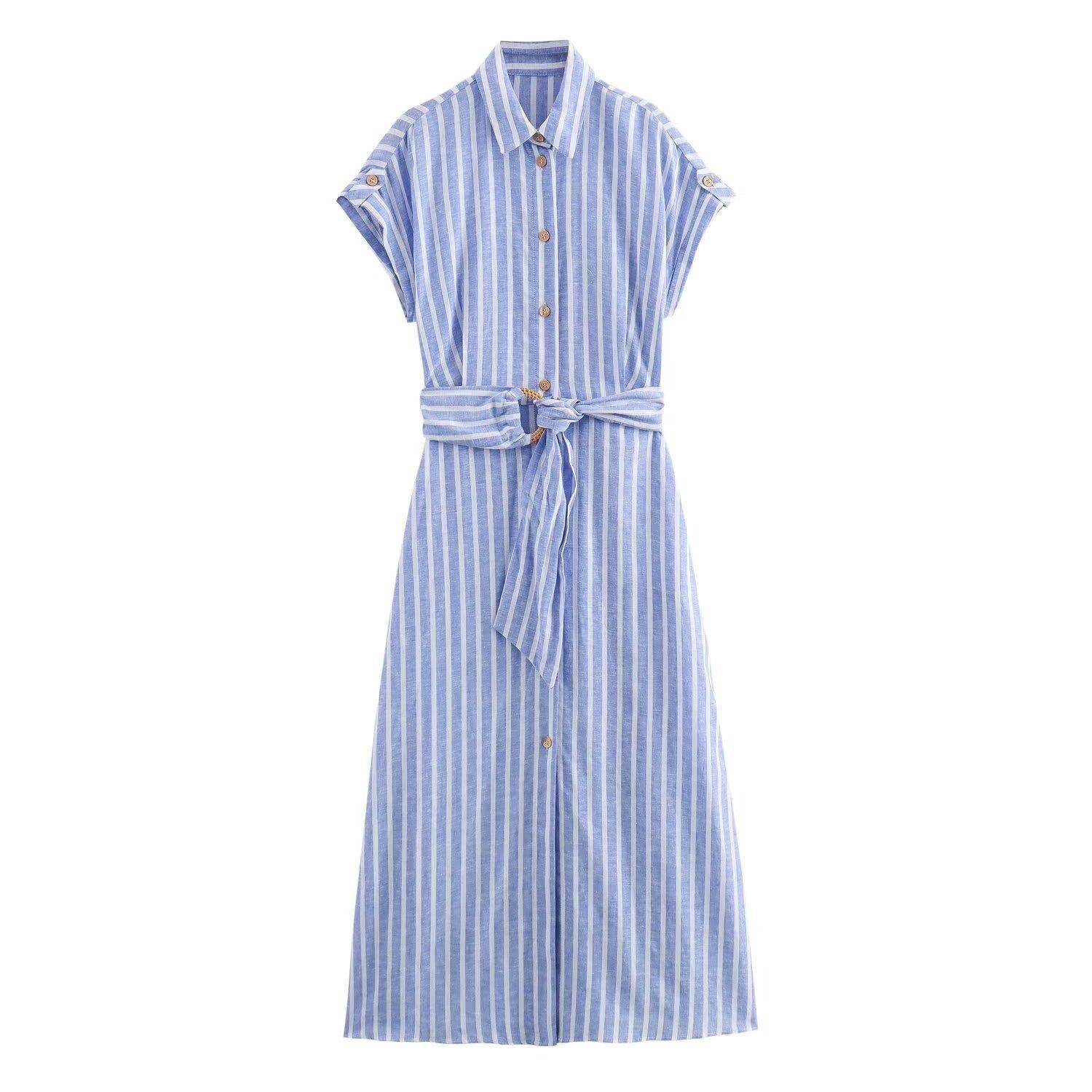 Women's Linen Blended Striped Picture Color Personality Dress
