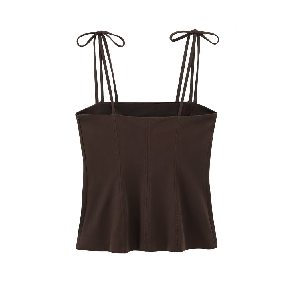 Women's Fashion Casual Decorative Coffee Color Bow Straight Collar Stretch Women's T-shirt