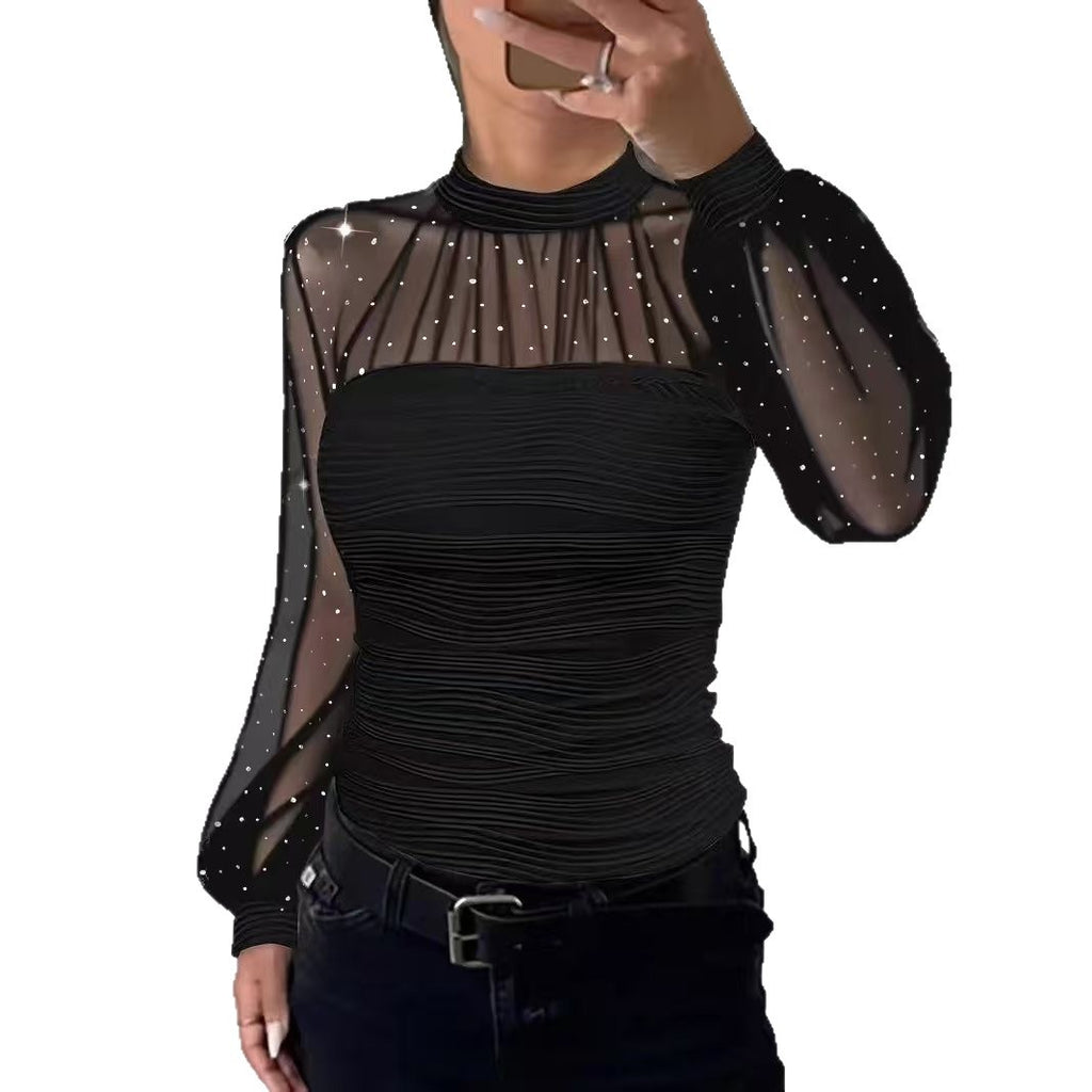 Pearl Mesh Stitching Long Sleeves Base Blouse