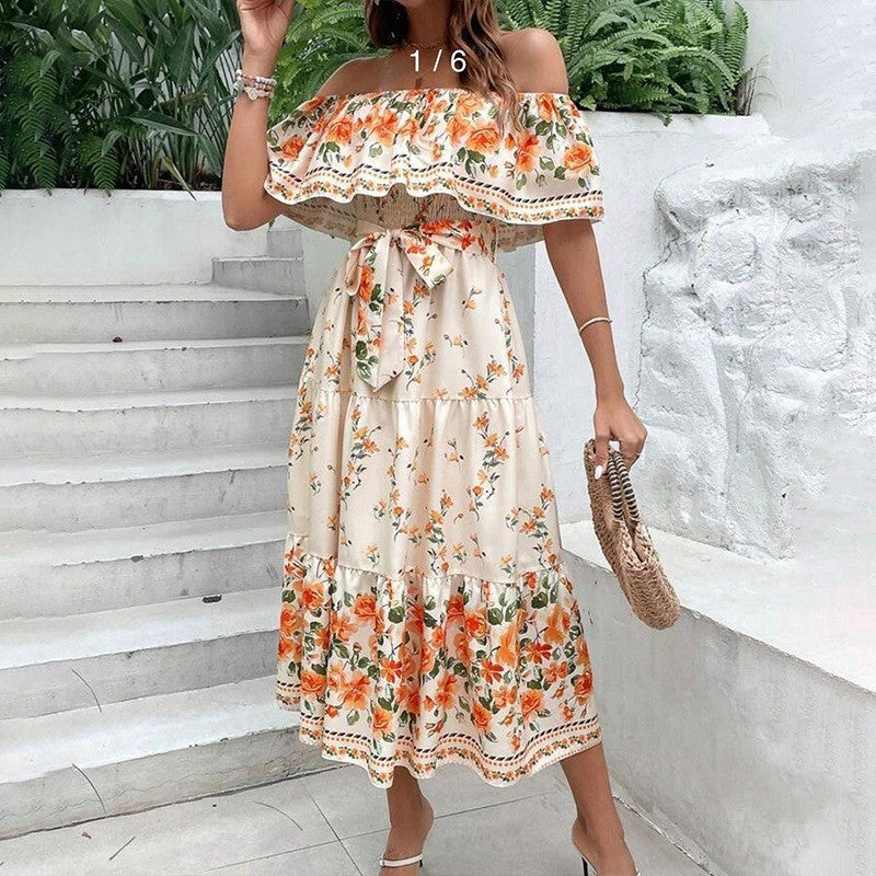 Women's Red Flower Print Long Large Hem Dress