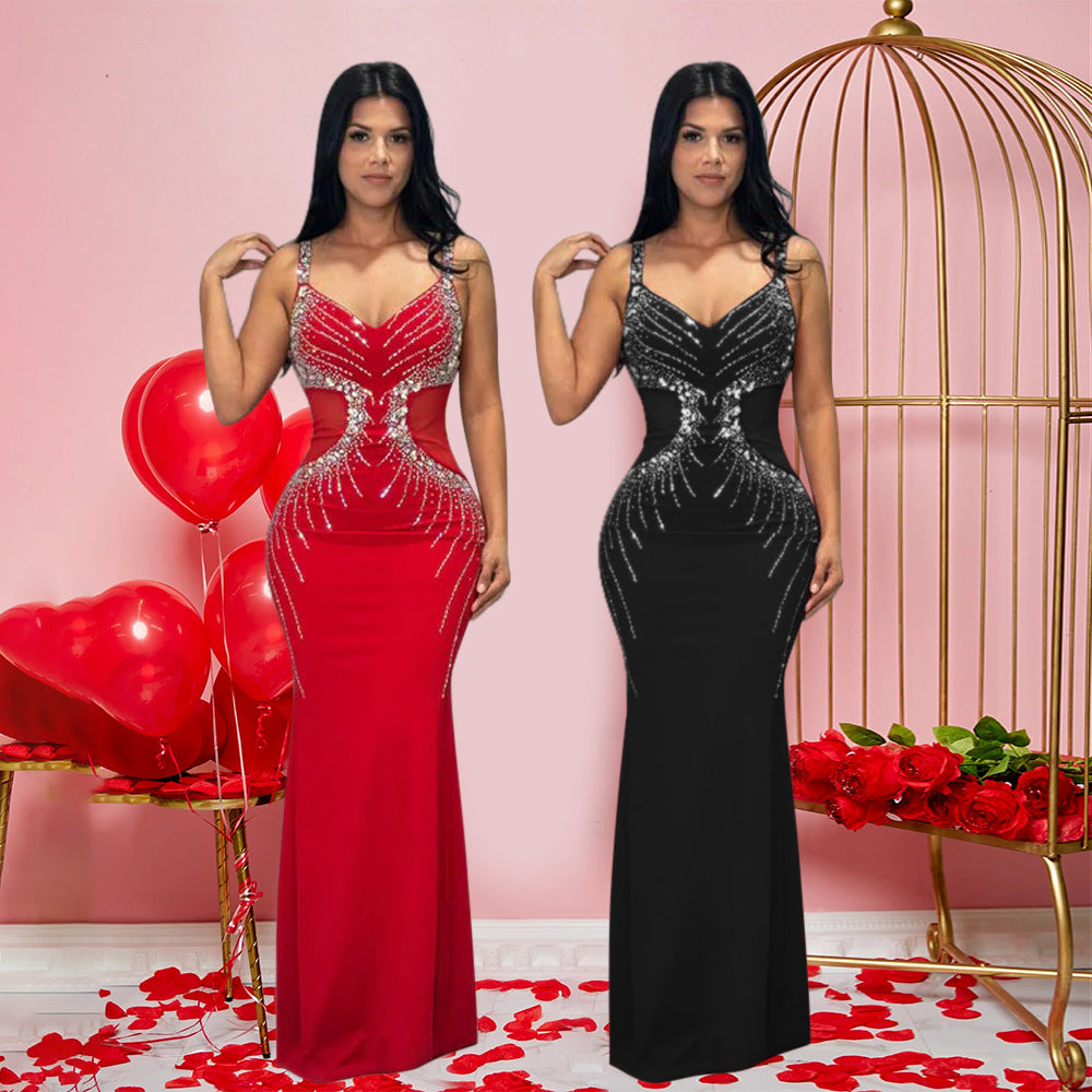 Sexy Brace Long Slim Fit Rhinestone Dress