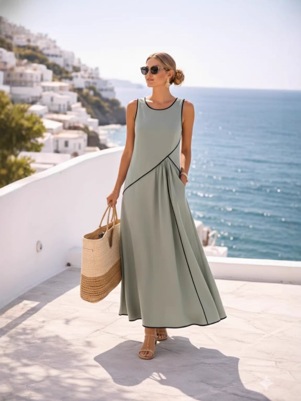 Women's Mediterranean Vacation Style Contrast Color Binding A- Dress