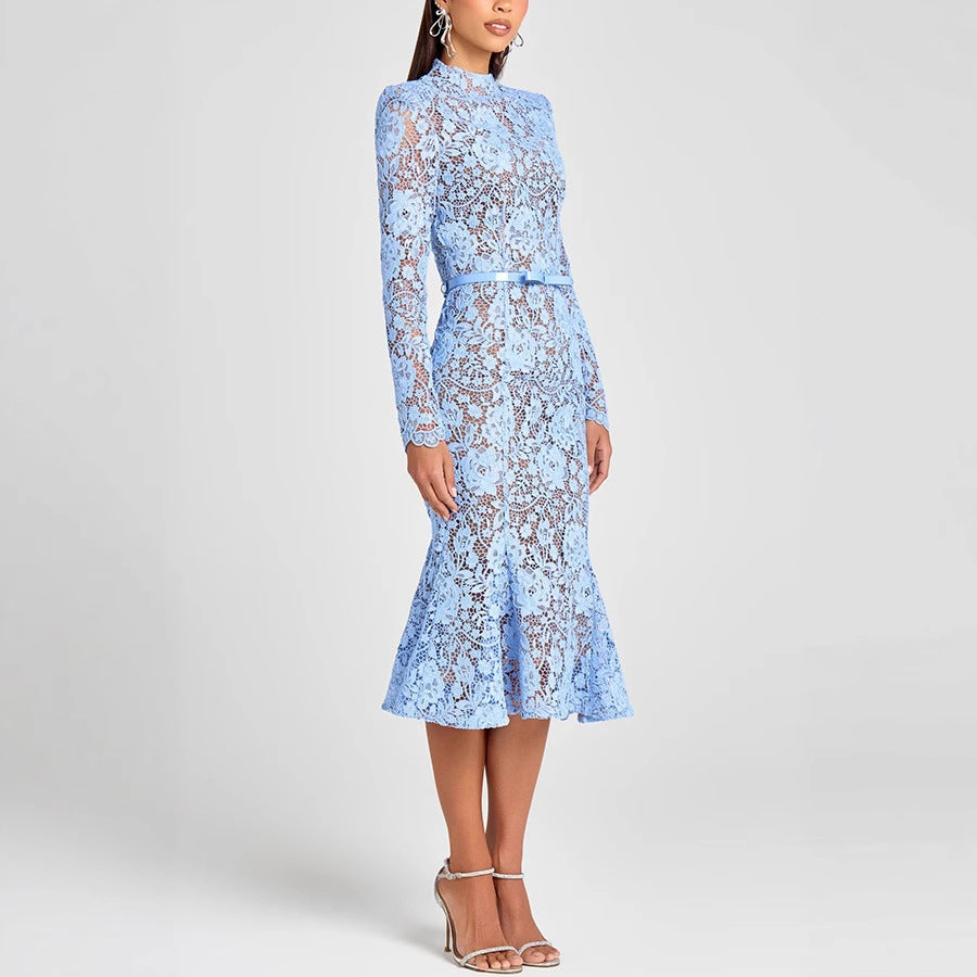 Stylish Slimming Lace Belt Long-sleeved Fishtail Dress