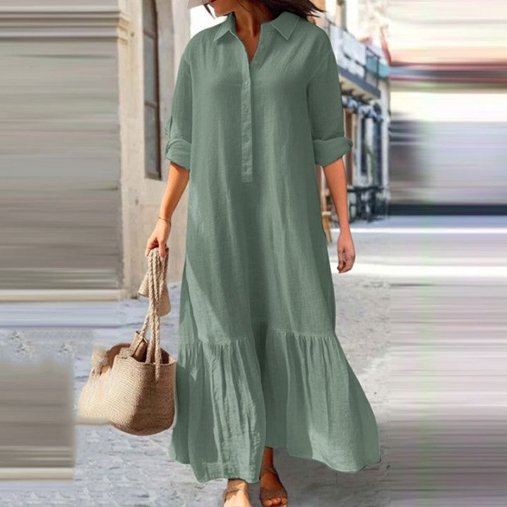 Cotton Linen Long Irregular Shirt Collar Skirts