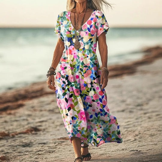 Women's Creative Floral Summer Sleeve Midi Dress