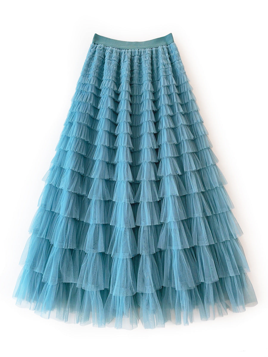 Women's Long Autumn Elegant Solid Color High Waist Net Yarn Cake Skirts