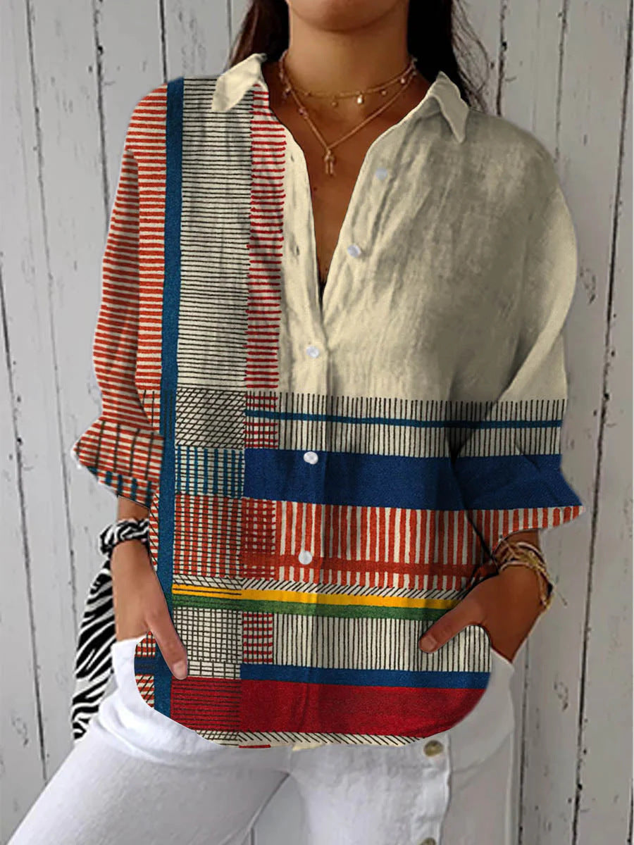 Women's Digital Printing Lapel Long Sleeve Linen Blouse